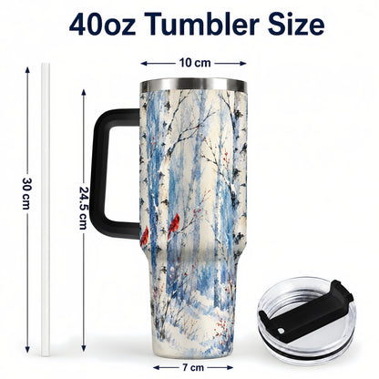 #pl[40oz|Black] Watercolor Cardinal 40oz Tumbler with Handle, Winter Birch Travel Cup