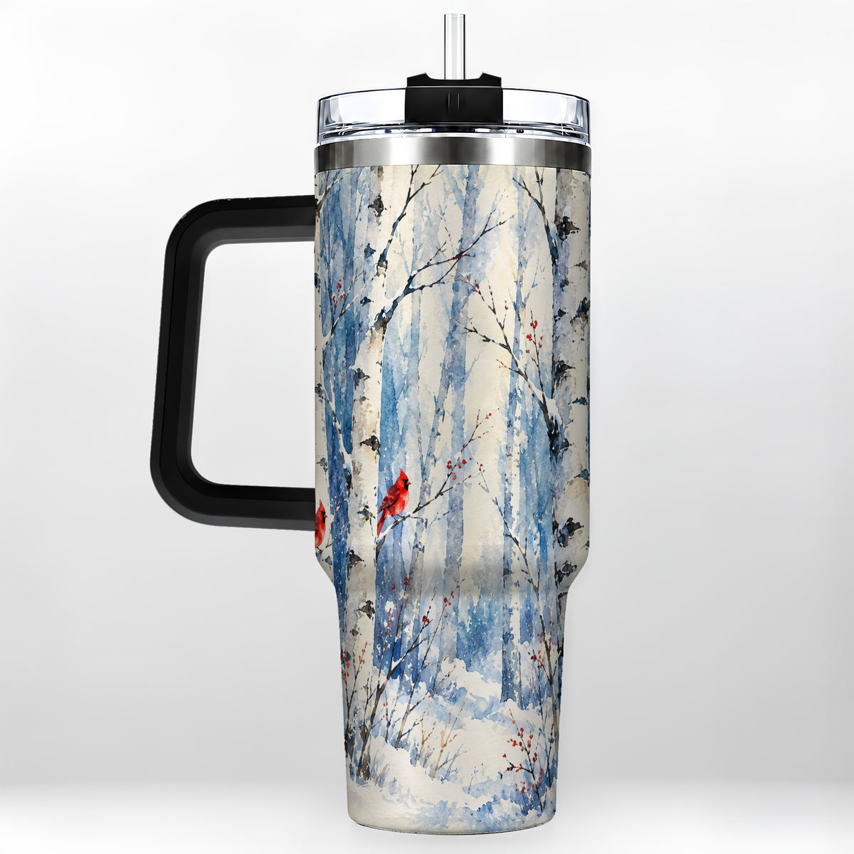 #pl[40oz|Black] Watercolor Cardinal 40oz Tumbler with Handle, Winter Birch Travel Cup