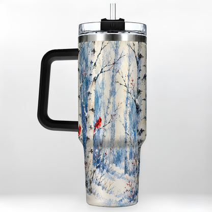 #pl[40oz|Black] Watercolor Cardinal 40oz Tumbler with Handle, Winter Birch Travel Cup