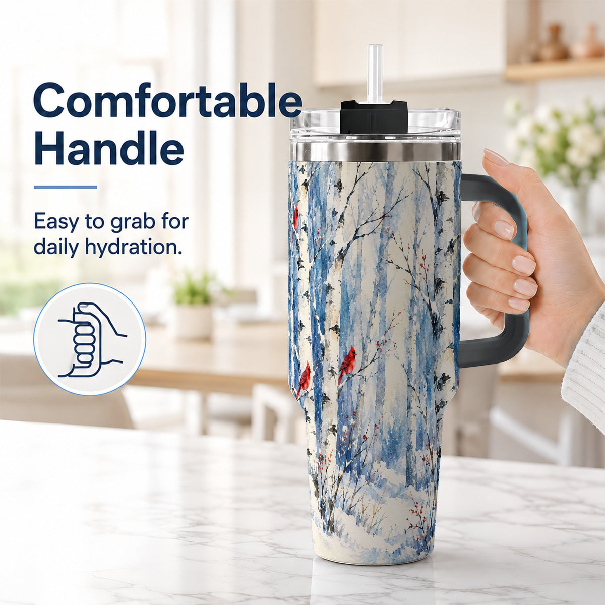 #pl[40oz|Black] Watercolor Cardinal 40oz Tumbler with Handle, Winter Birch Travel Cup