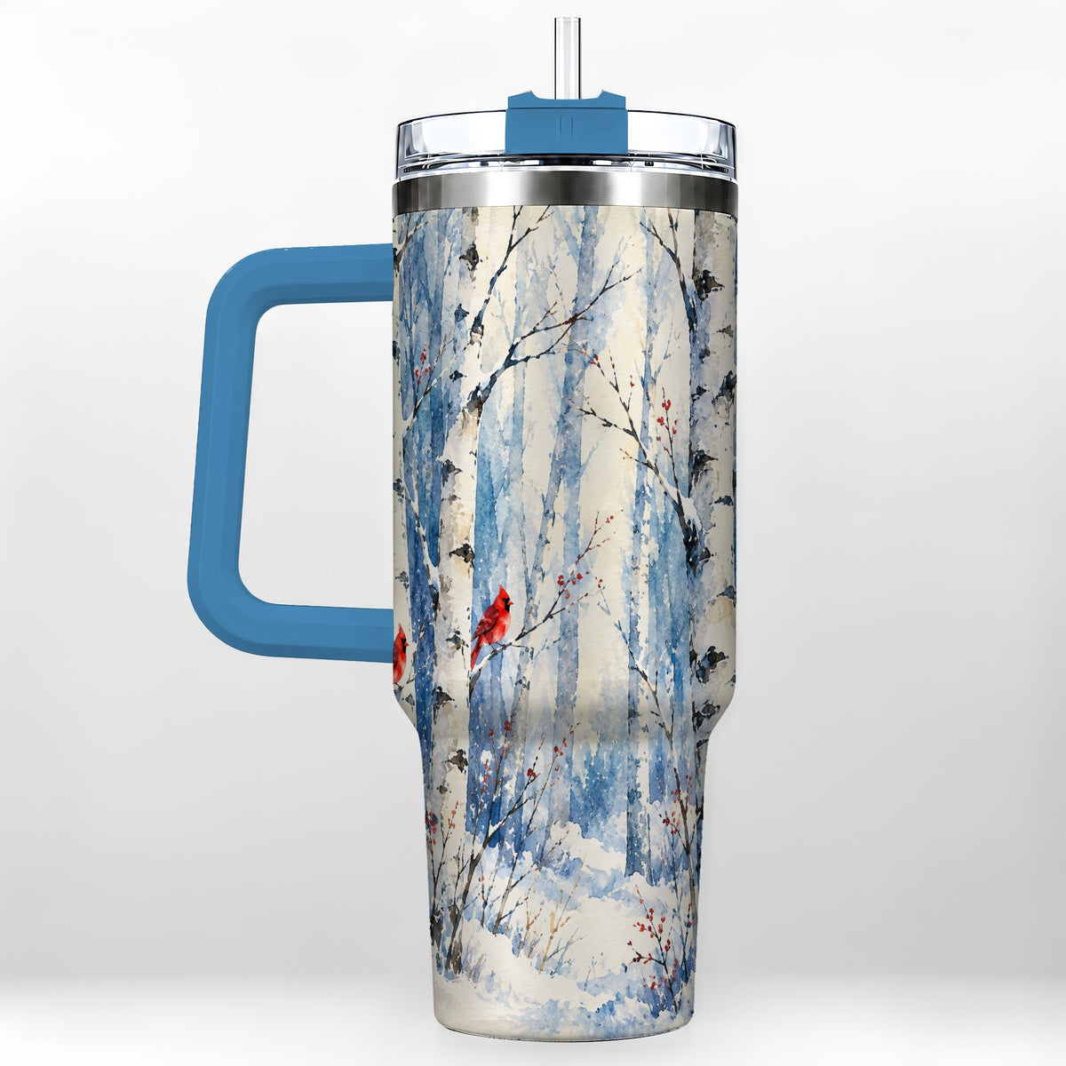 #pl[40oz|Blue] Watercolor Cardinal 40oz Tumbler with Handle, Winter Birch Travel Cup