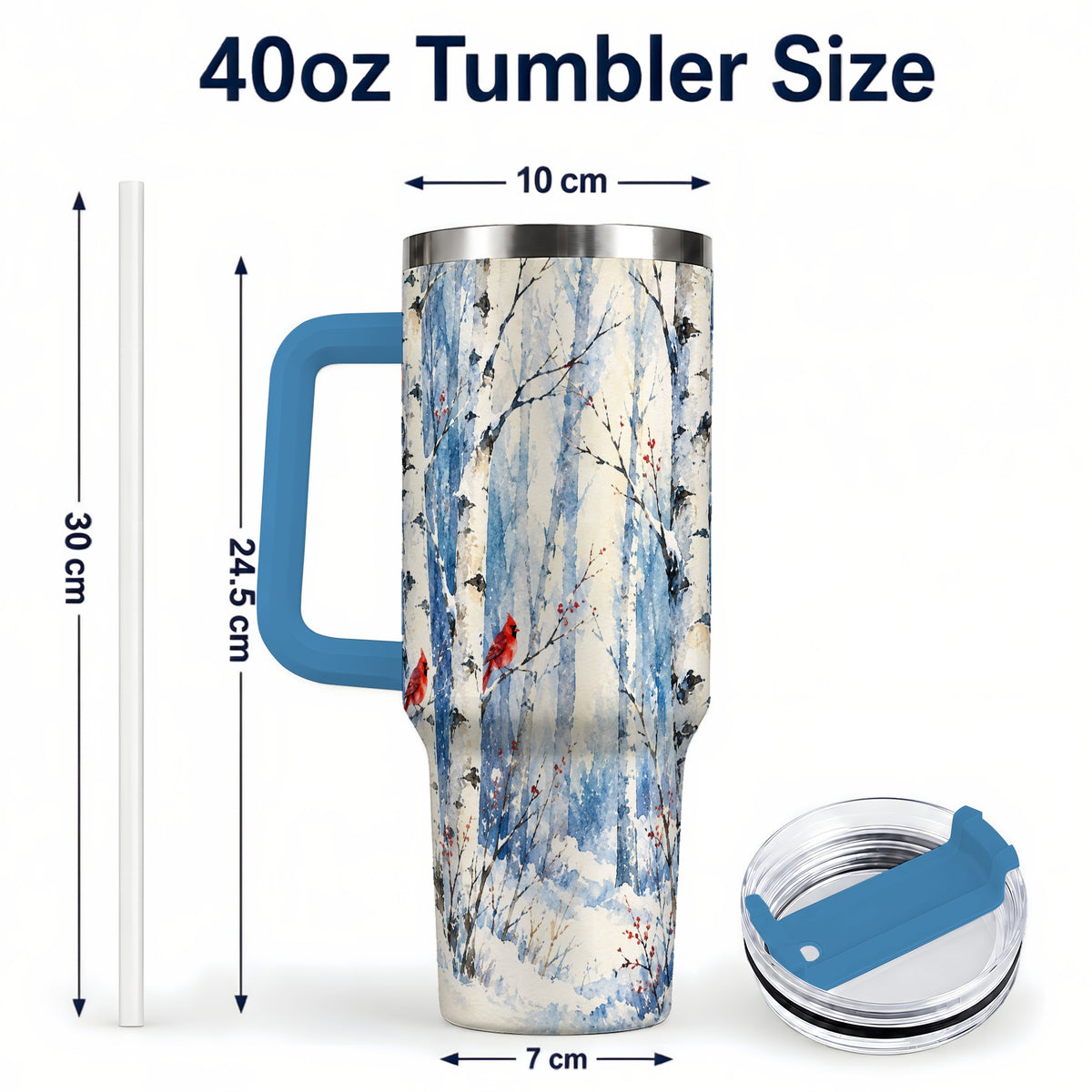 #pl[40oz|Blue] Watercolor Cardinal 40oz Tumbler with Handle, Winter Birch Travel Cup