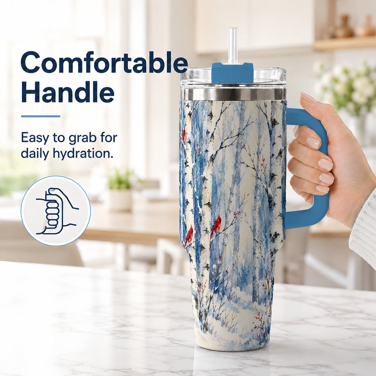 #pl[40oz|Blue] Watercolor Cardinal 40oz Tumbler with Handle, Winter Birch Travel Cup
