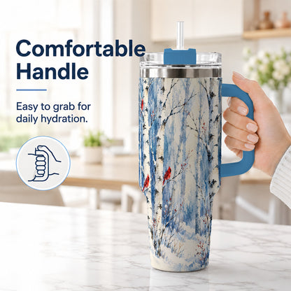 #pl[40oz|Blue] Watercolor Cardinal 40oz Tumbler with Handle, Winter Birch Travel Cup