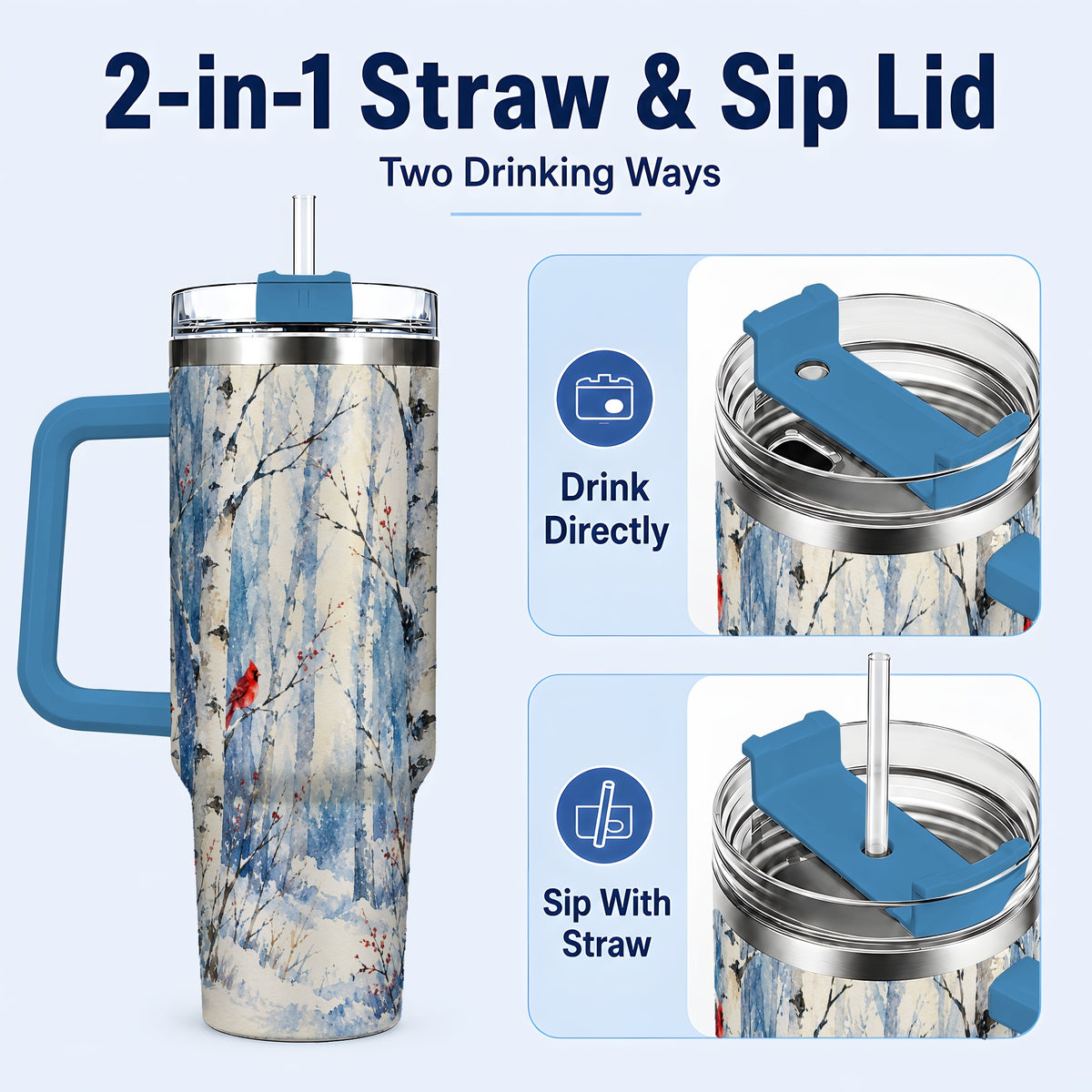#pl[40oz|Blue] Watercolor Cardinal 40oz Tumbler with Handle, Winter Birch Travel Cup
