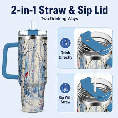 #pl[40oz|Blue] Watercolor Cardinal 40oz Tumbler with Handle, Winter Birch Travel Cup