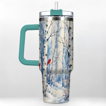 #pl[40oz|Green] Watercolor Cardinal 40oz Tumbler with Handle, Winter Birch Travel Cup