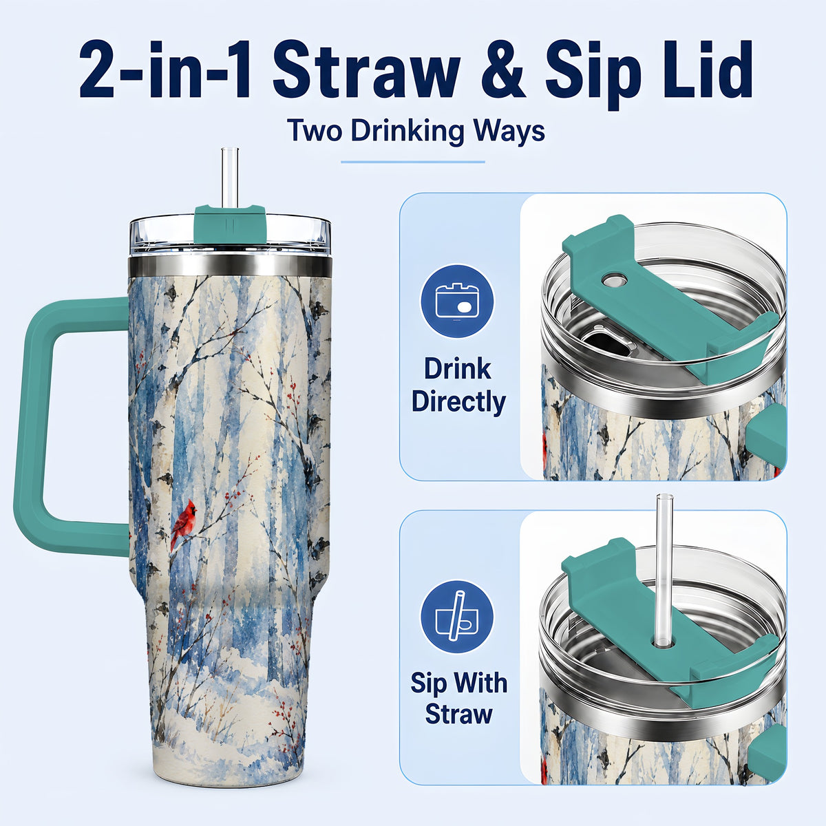 #pl[40oz|Green] Watercolor Cardinal 40oz Tumbler with Handle, Winter Birch Travel Cup