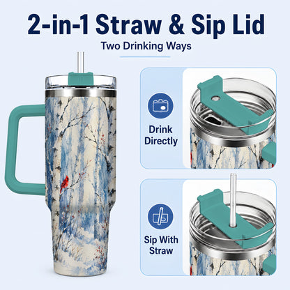 #pl[40oz|Green] Watercolor Cardinal 40oz Tumbler with Handle, Winter Birch Travel Cup