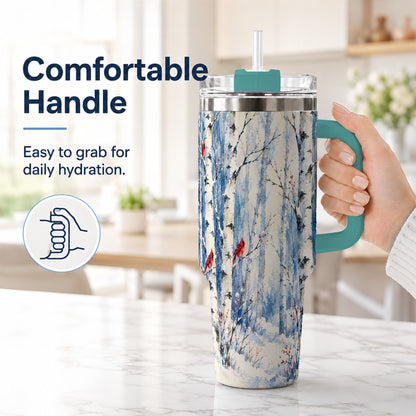 #pl[40oz|Green] Watercolor Cardinal 40oz Tumbler with Handle, Winter Birch Travel Cup