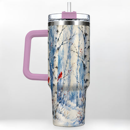 #pl[40oz|Pink] Watercolor Cardinal 40oz Tumbler with Handle, Winter Birch Travel Cup