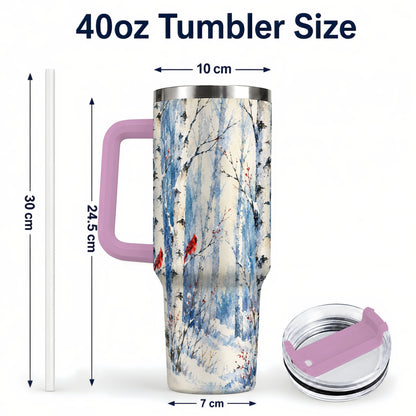 #pl[40oz|Pink] Watercolor Cardinal 40oz Tumbler with Handle, Winter Birch Travel Cup