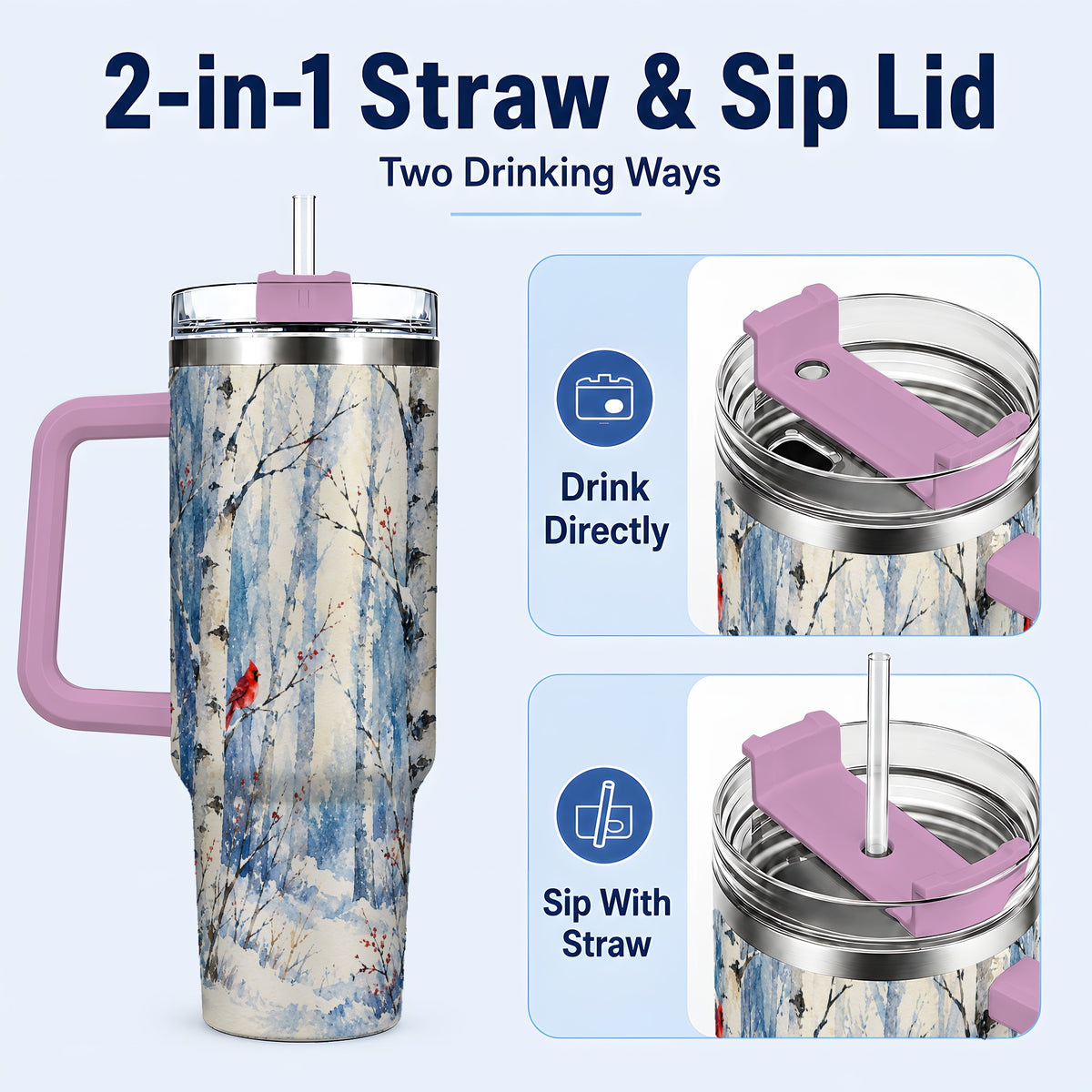 #pl[40oz|Pink] Watercolor Cardinal 40oz Tumbler with Handle, Winter Birch Travel Cup