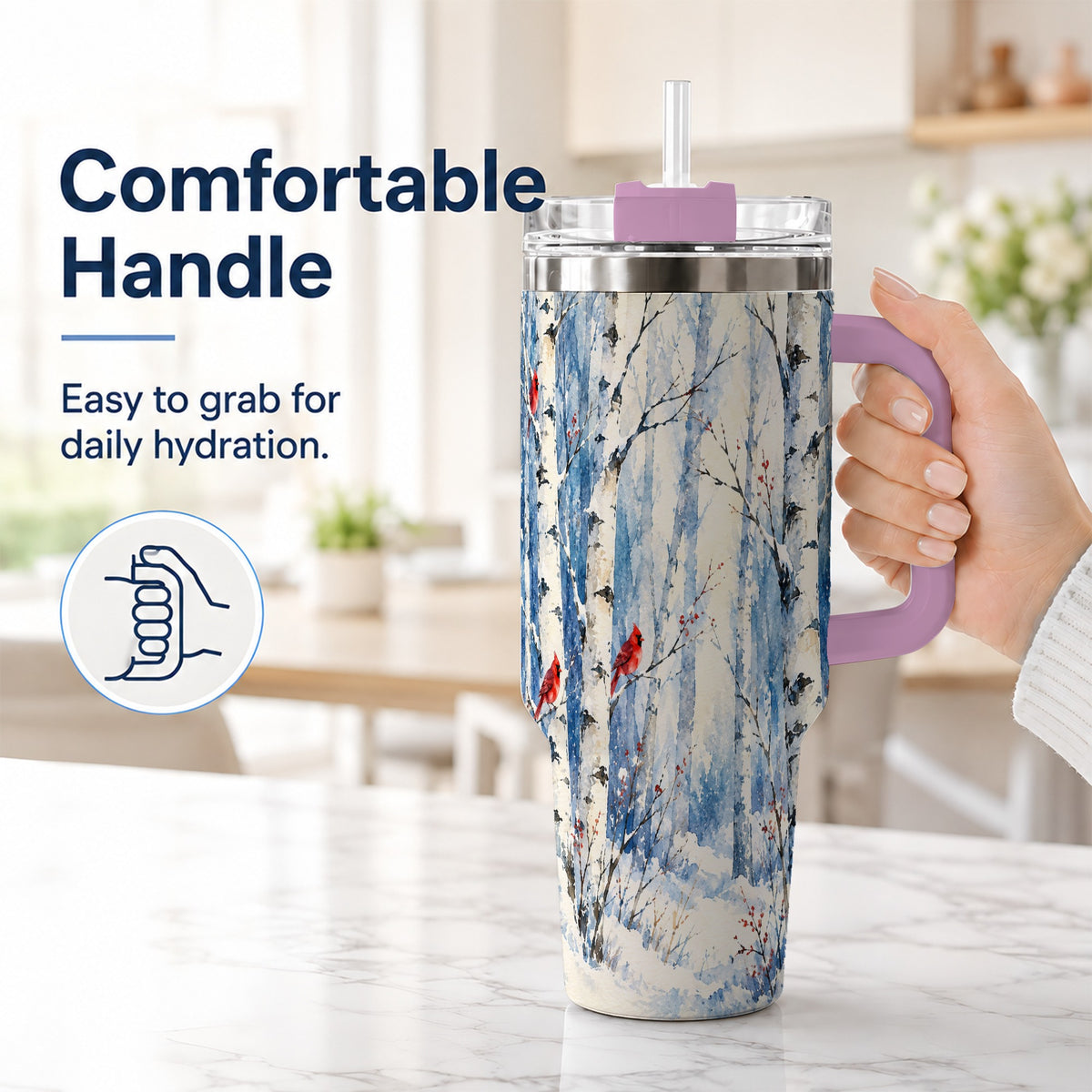 #pl[40oz|Pink] Watercolor Cardinal 40oz Tumbler with Handle, Winter Birch Travel Cup