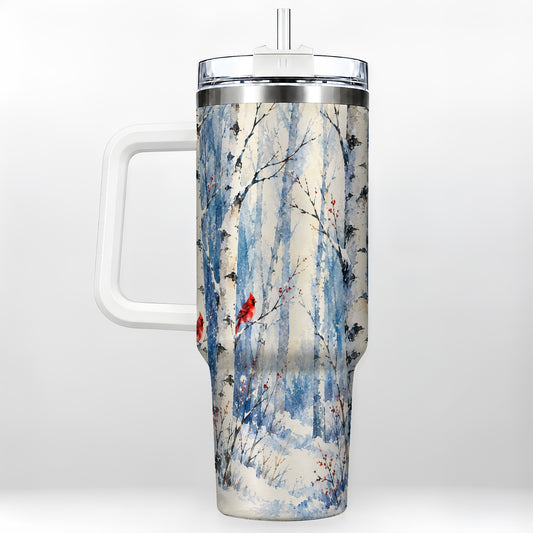Watercolor Cardinal 40oz Tumbler with Handle, Winter Birch Travel Cup