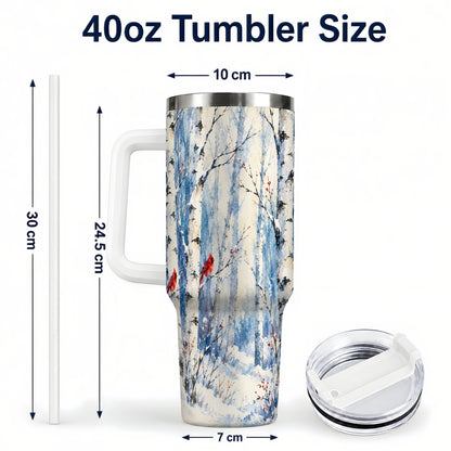 #pl[40oz|White] Watercolor Cardinal 40oz Tumbler with Handle, Winter Birch Travel Cup