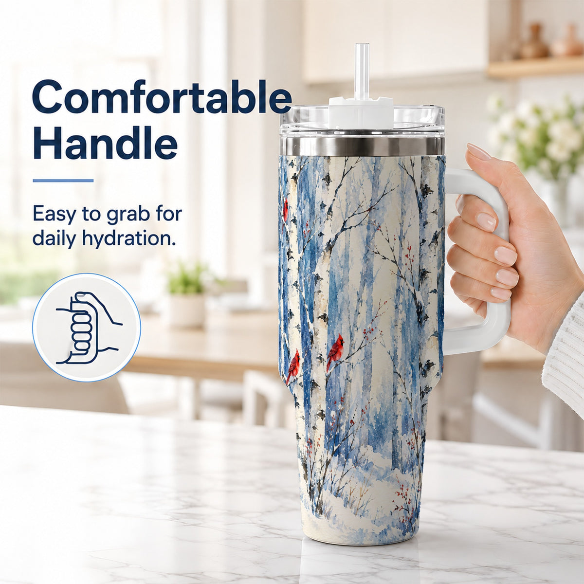 #pl[40oz|White] Watercolor Cardinal 40oz Tumbler with Handle, Winter Birch Travel Cup