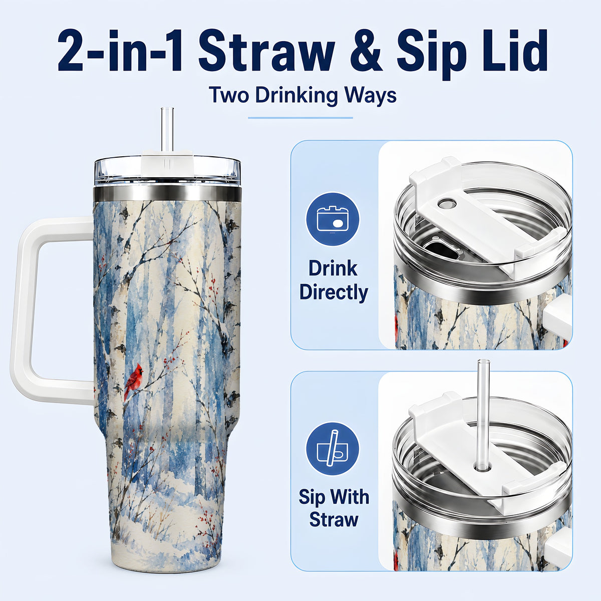 #pl[40oz|White] Watercolor Cardinal 40oz Tumbler with Handle, Winter Birch Travel Cup
