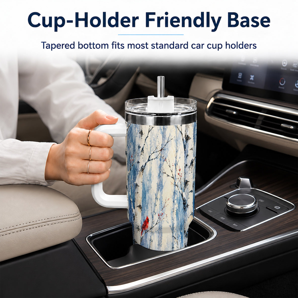 Watercolor Cardinal 40oz Tumbler with Handle, Winter Birch Travel Cup
