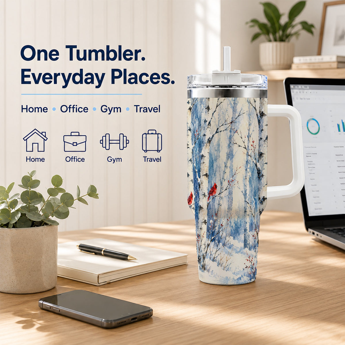 Watercolor Cardinal 40oz Tumbler with Handle, Winter Birch Travel Cup
