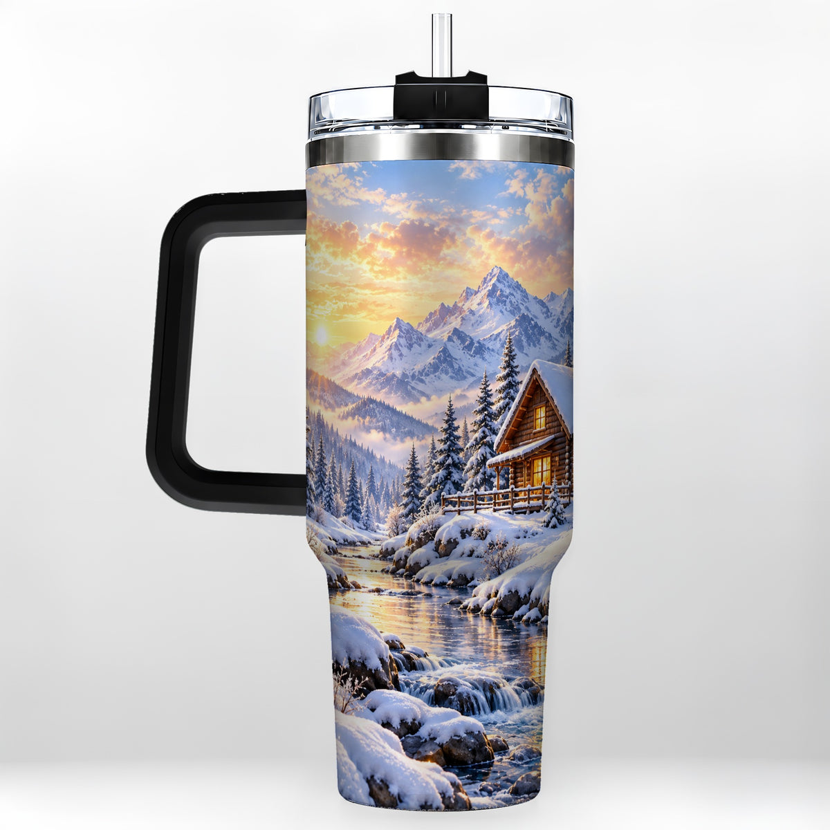 #pl[40oz|Black] Snowy Cabin 40oz Tumbler with Handle, Mountain Winter Travel Cup