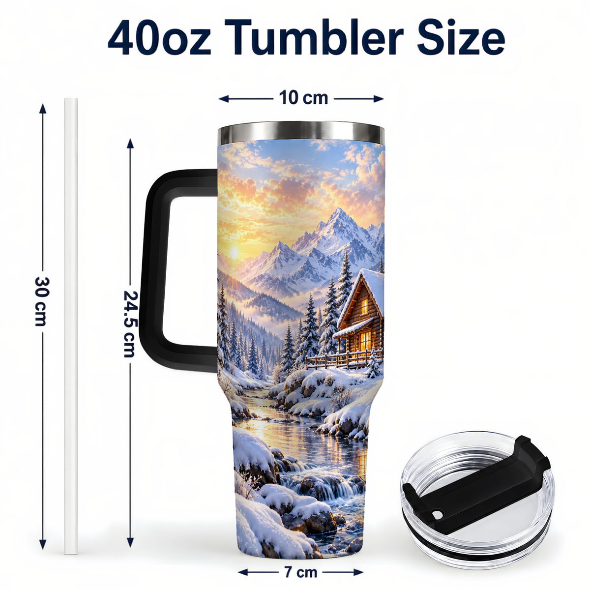 #pl[40oz|Black] Snowy Cabin 40oz Tumbler with Handle, Mountain Winter Travel Cup