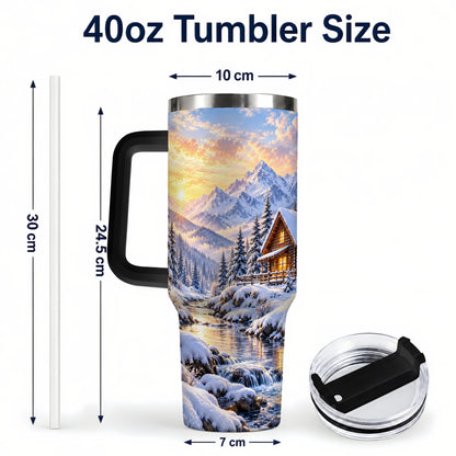 #pl[40oz|Black] Snowy Cabin 40oz Tumbler with Handle, Mountain Winter Travel Cup