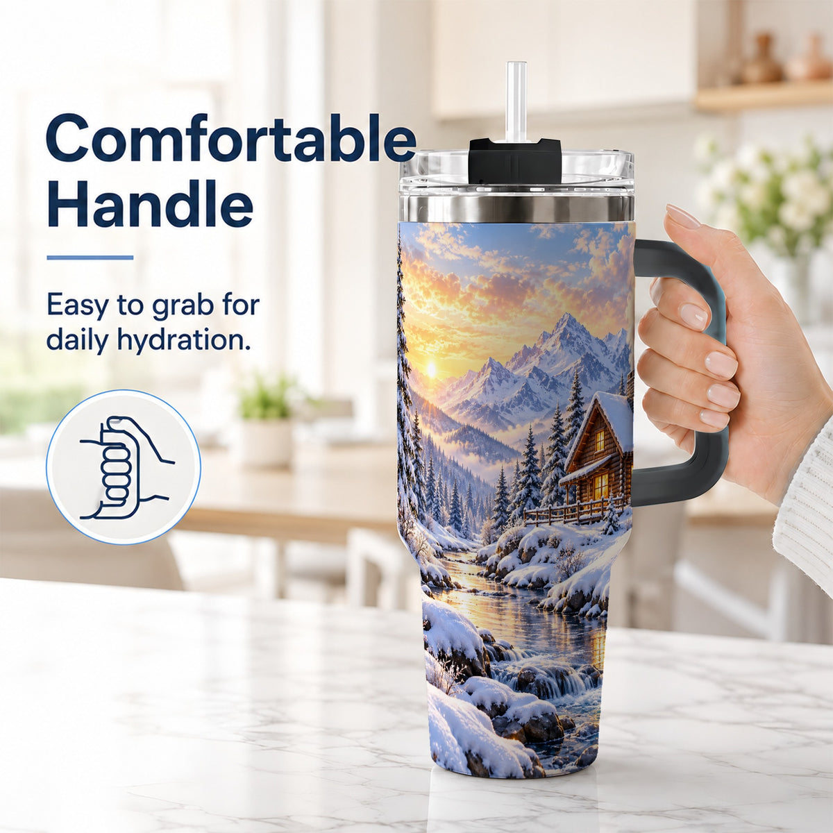 #pl[40oz|Black] Snowy Cabin 40oz Tumbler with Handle, Mountain Winter Travel Cup