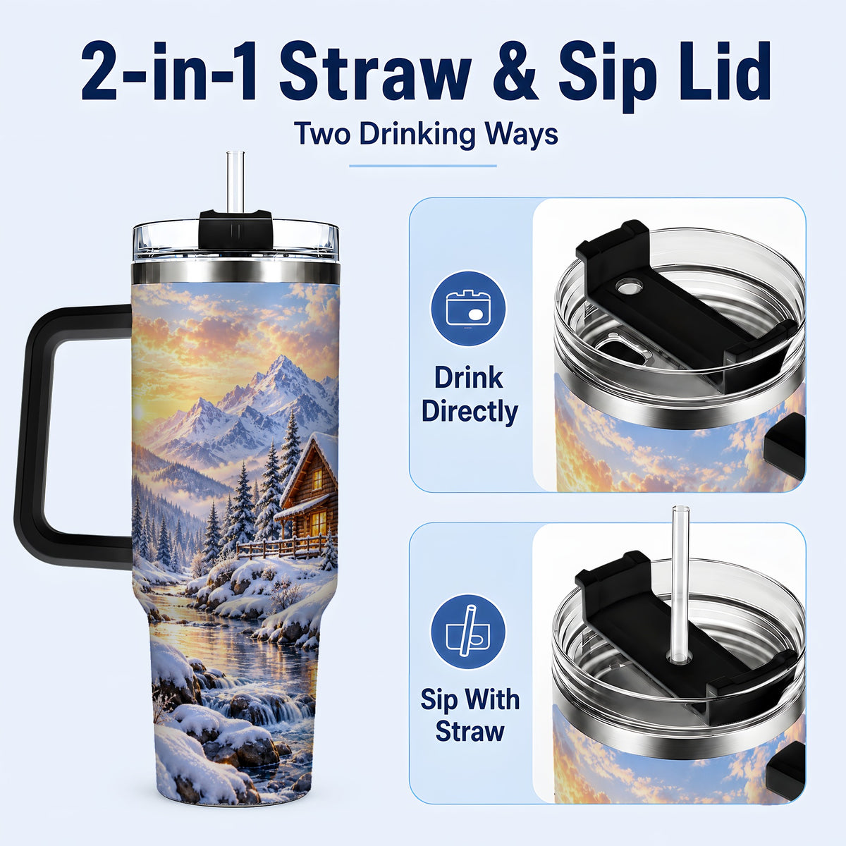 #pl[40oz|Black] Snowy Cabin 40oz Tumbler with Handle, Mountain Winter Travel Cup