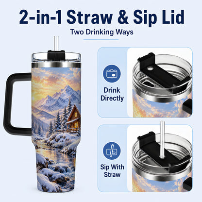 #pl[40oz|Black] Snowy Cabin 40oz Tumbler with Handle, Mountain Winter Travel Cup