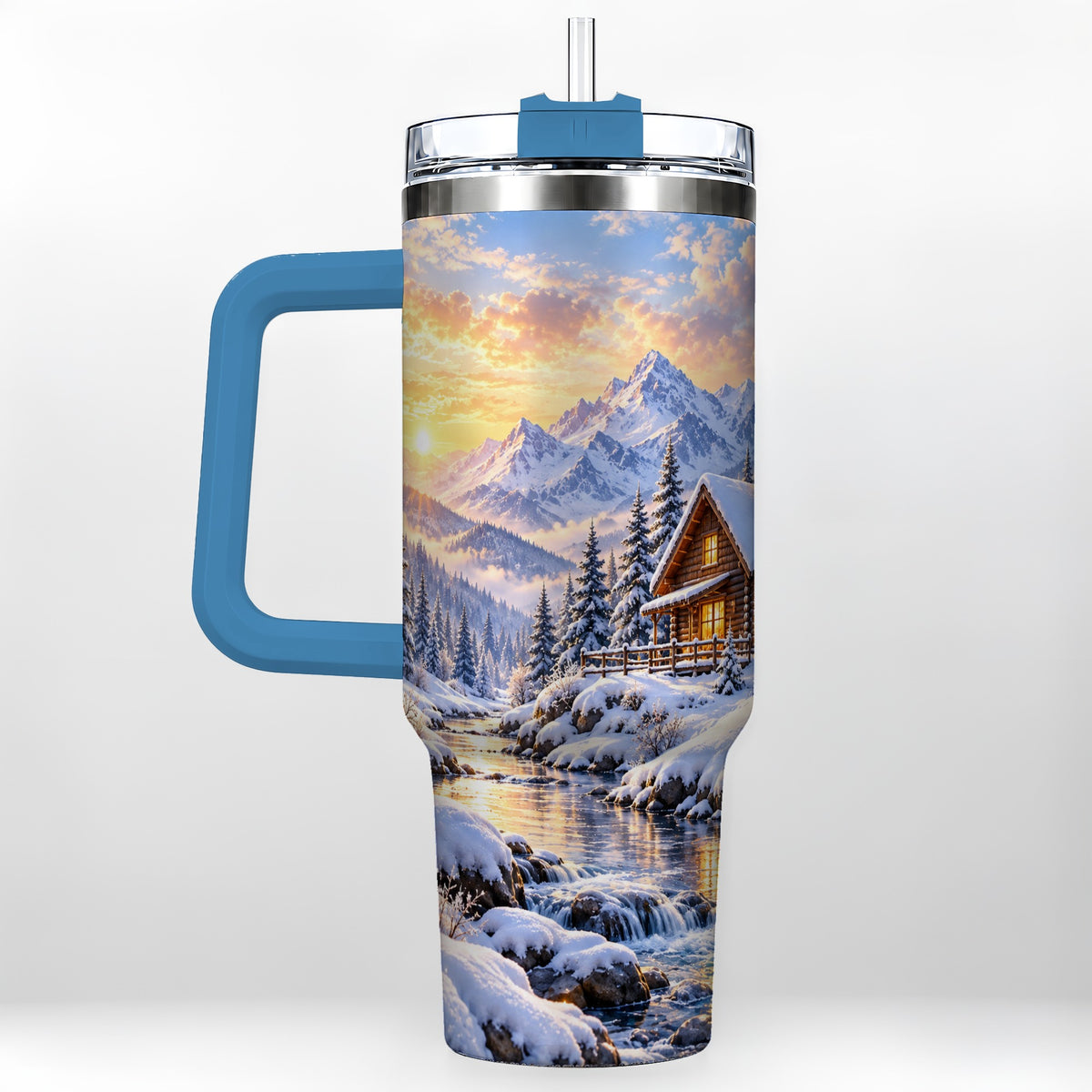 #pl[40oz|Blue] Snowy Cabin 40oz Tumbler with Handle, Mountain Winter Travel Cup