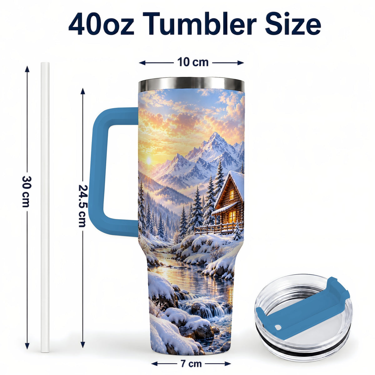 #pl[40oz|Blue] Snowy Cabin 40oz Tumbler with Handle, Mountain Winter Travel Cup