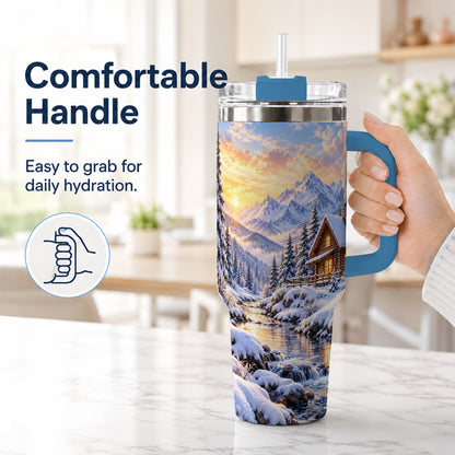 #pl[40oz|Blue] Snowy Cabin 40oz Tumbler with Handle, Mountain Winter Travel Cup