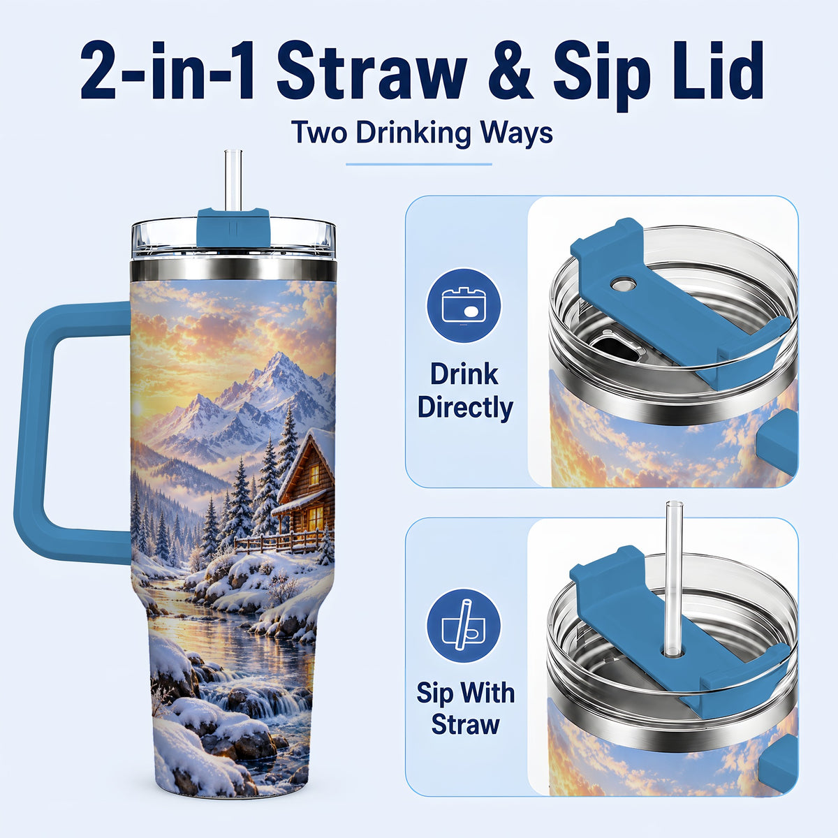 #pl[40oz|Blue] Snowy Cabin 40oz Tumbler with Handle, Mountain Winter Travel Cup