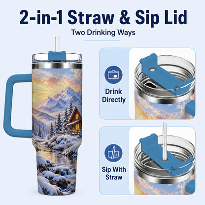 #pl[40oz|Blue] Snowy Cabin 40oz Tumbler with Handle, Mountain Winter Travel Cup