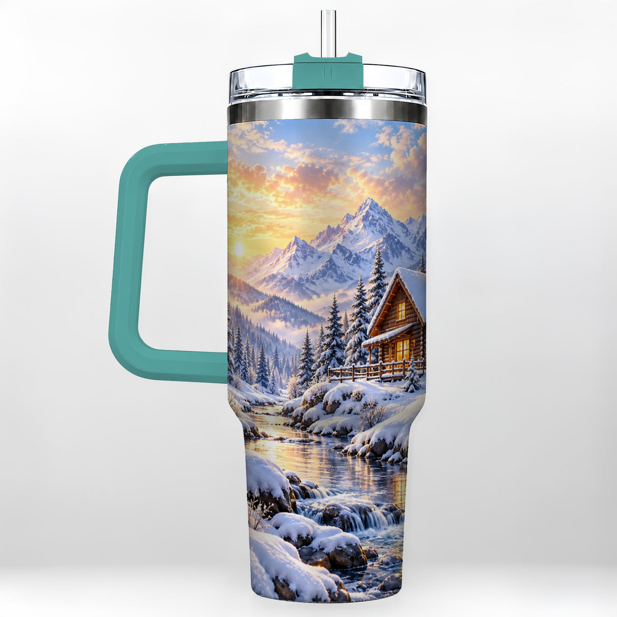 #pl[40oz|Green] Snowy Cabin 40oz Tumbler with Handle, Mountain Winter Travel Cup