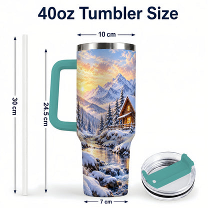 #pl[40oz|Green] Snowy Cabin 40oz Tumbler with Handle, Mountain Winter Travel Cup