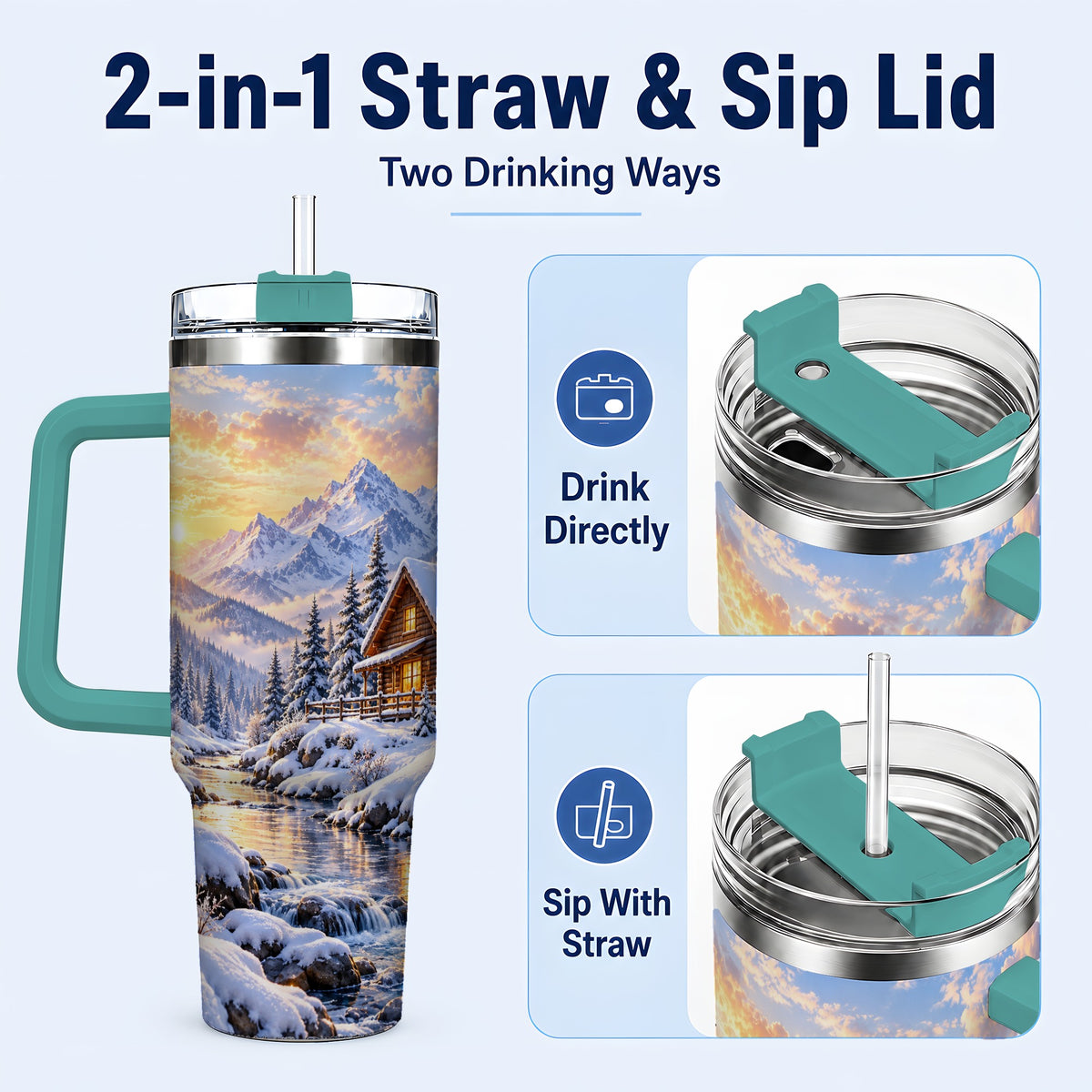 #pl[40oz|Green] Snowy Cabin 40oz Tumbler with Handle, Mountain Winter Travel Cup