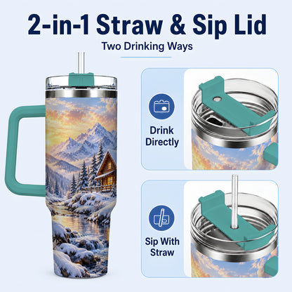 #pl[40oz|Green] Snowy Cabin 40oz Tumbler with Handle, Mountain Winter Travel Cup