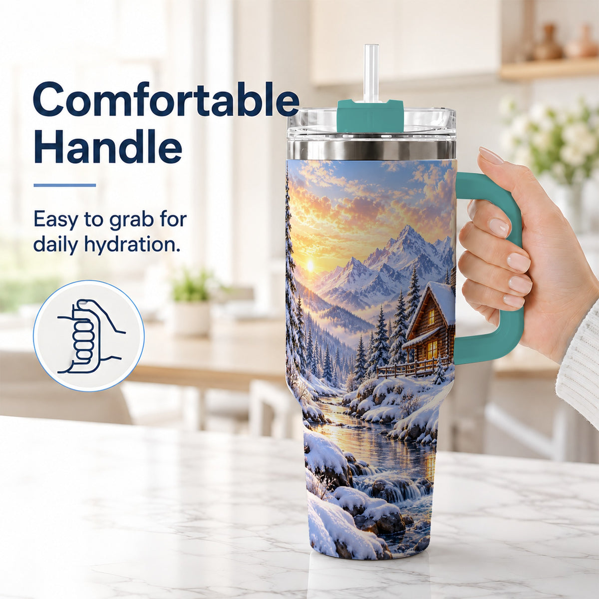 #pl[40oz|Green] Snowy Cabin 40oz Tumbler with Handle, Mountain Winter Travel Cup