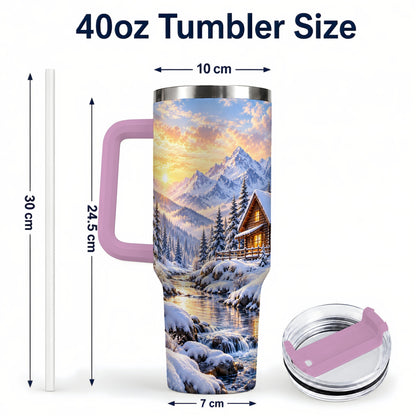 #pl[40oz|Pink] Snowy Cabin 40oz Tumbler with Handle, Mountain Winter Travel Cup