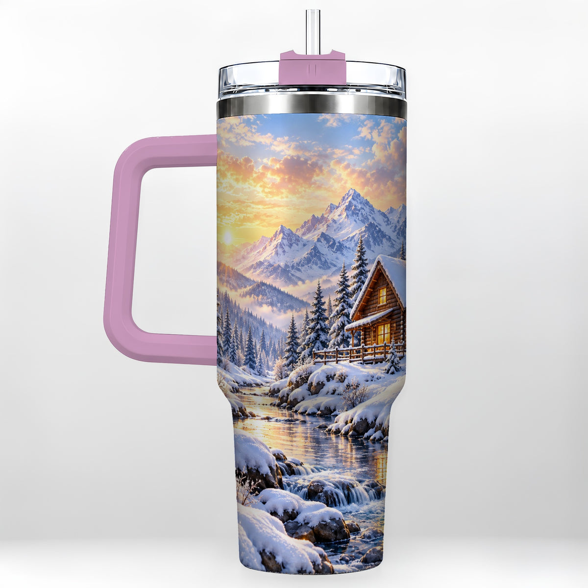 #pl[40oz|Pink] Snowy Cabin 40oz Tumbler with Handle, Mountain Winter Travel Cup