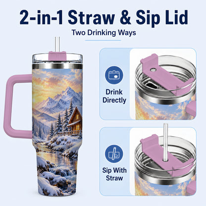#pl[40oz|Pink] Snowy Cabin 40oz Tumbler with Handle, Mountain Winter Travel Cup