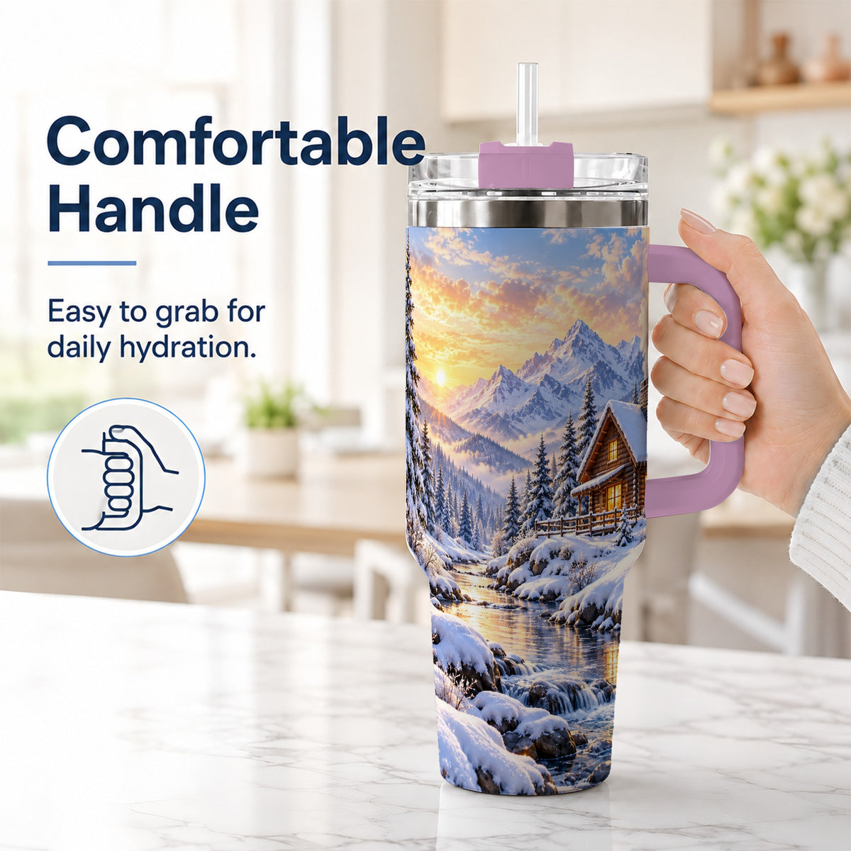 #pl[40oz|Pink] Snowy Cabin 40oz Tumbler with Handle, Mountain Winter Travel Cup