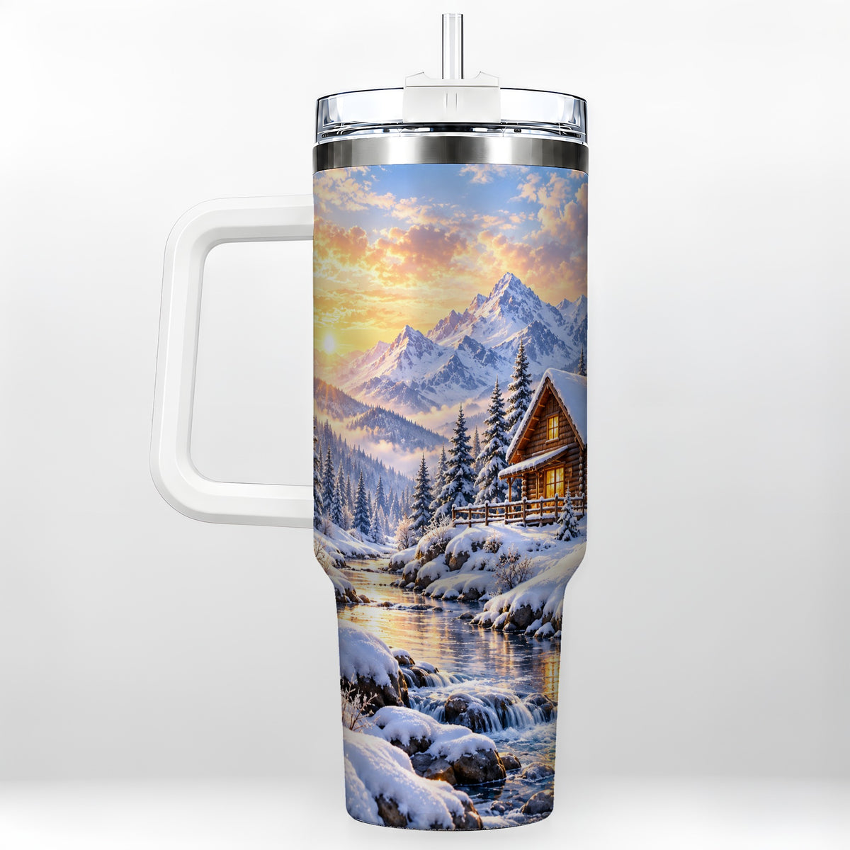 Snowy Cabin 40oz Tumbler with Handle, Mountain Winter Travel Cup