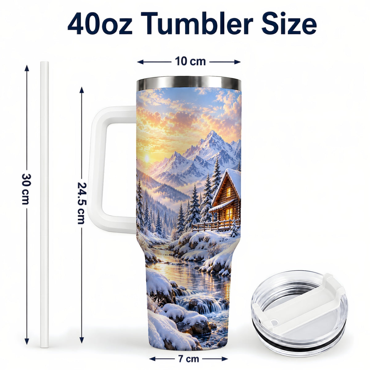 #pl[40oz|White] Snowy Cabin 40oz Tumbler with Handle, Mountain Winter Travel Cup