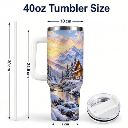 #pl[40oz|White] Snowy Cabin 40oz Tumbler with Handle, Mountain Winter Travel Cup
