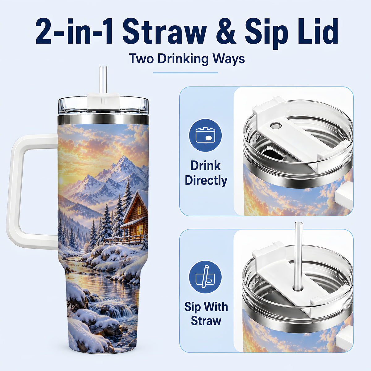#pl[40oz|White] Snowy Cabin 40oz Tumbler with Handle, Mountain Winter Travel Cup