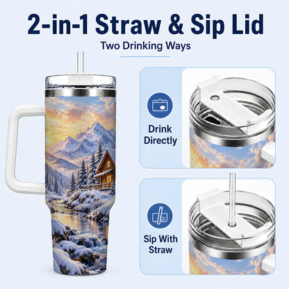 #pl[40oz|White] Snowy Cabin 40oz Tumbler with Handle, Mountain Winter Travel Cup