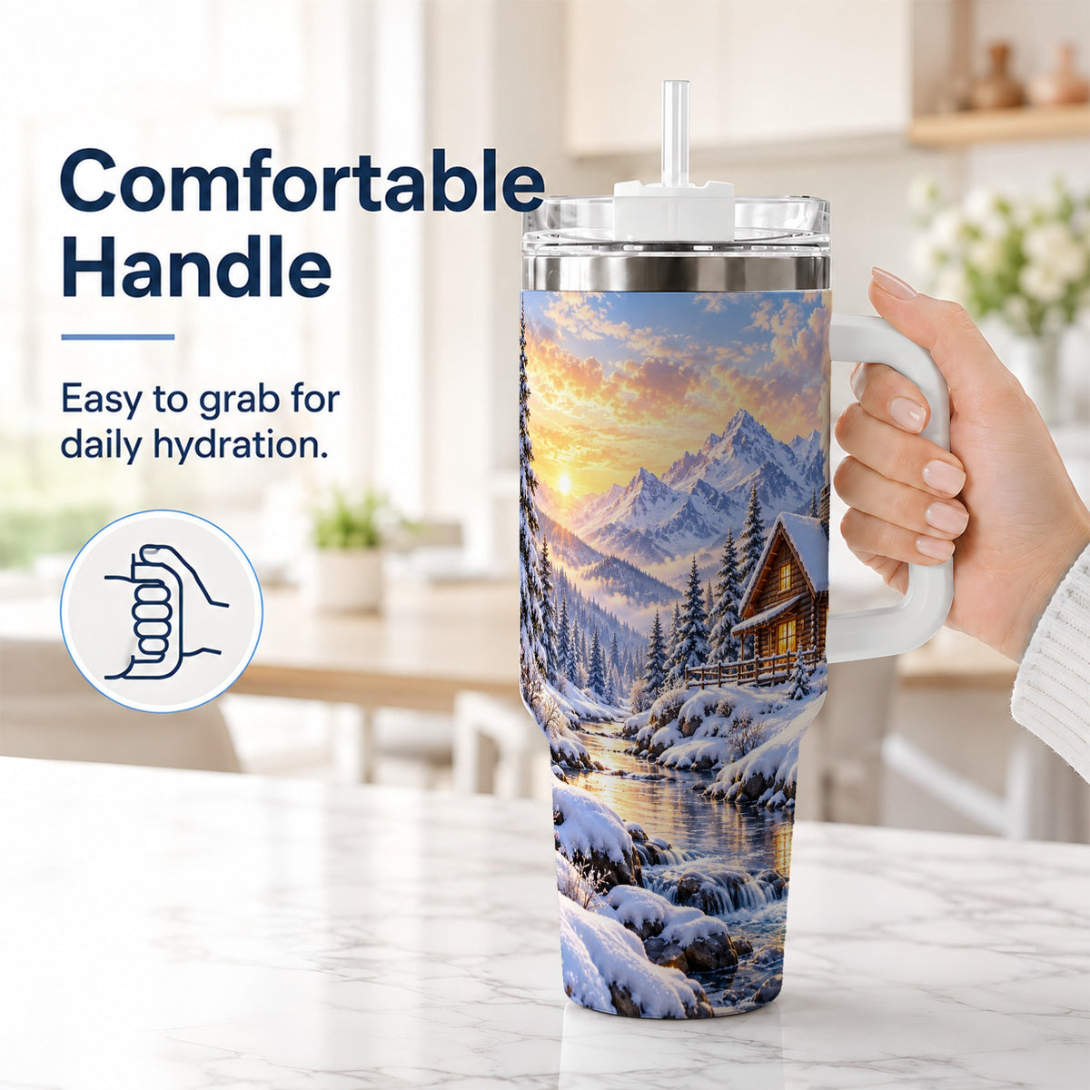 #pl[40oz|White] Snowy Cabin 40oz Tumbler with Handle, Mountain Winter Travel Cup